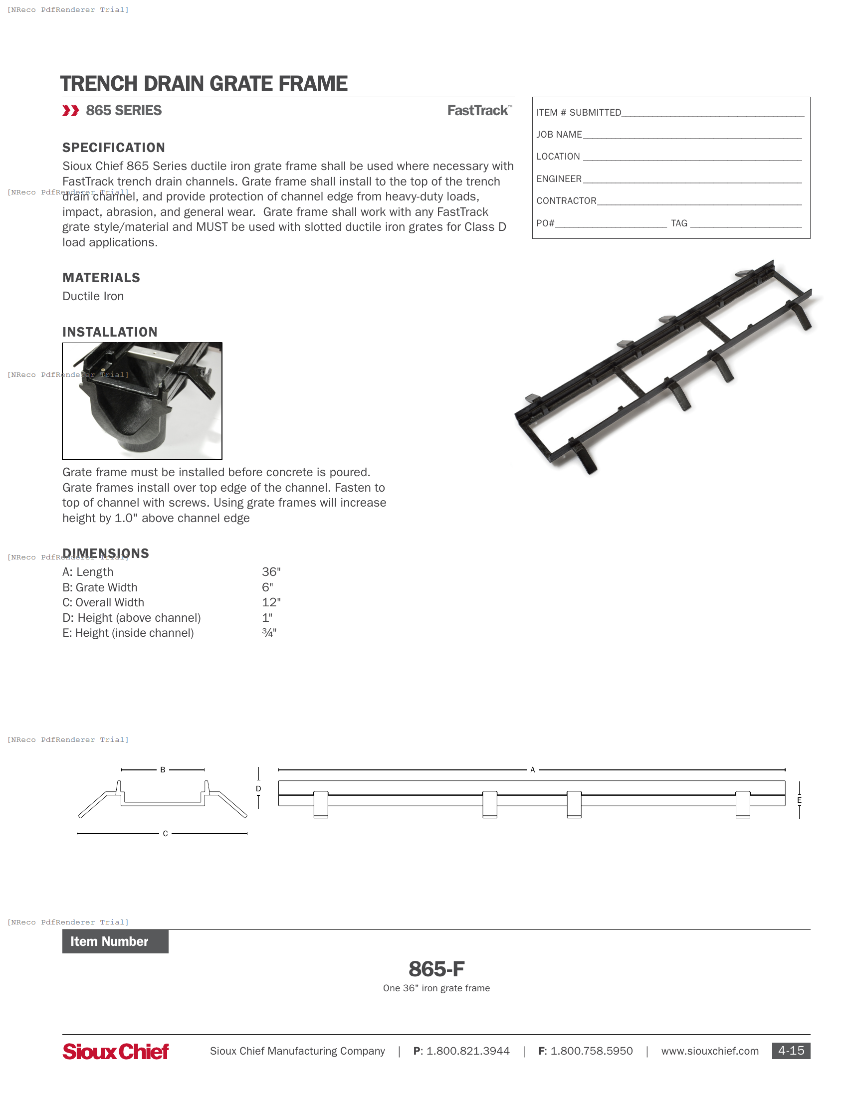 865-F - FASTTRACK GRATE FRAME - SPEC SHEET.PDF Specification Document